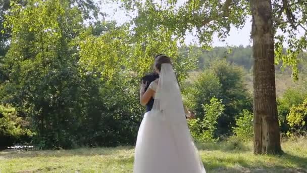 Щасливі наречені танцюють в парку — стокове відео