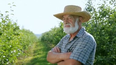 Mutlu çiftçi bahçede hasır şapkalı güzel sakallı. Çapraz eller ile başarılı bir bahçıvan portresi