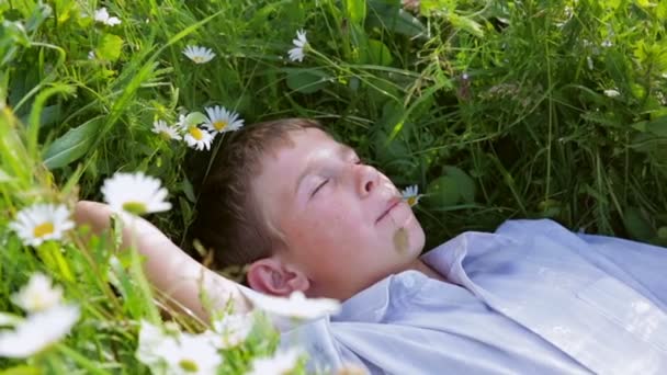 Kleiner glücklicher Junge liegt im grünen Gras, draußen — Stockvideo