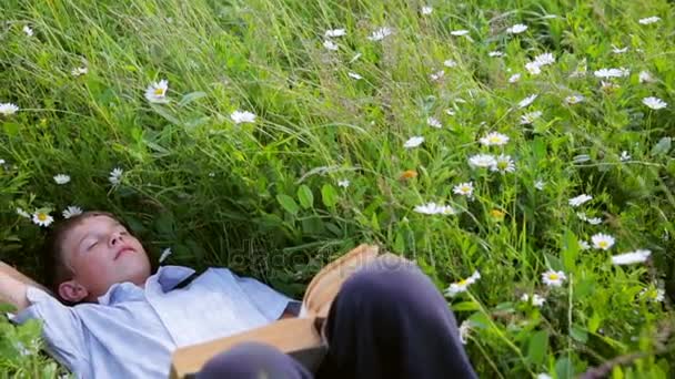 Хлопчик спить на зеленій траві з книгою — стокове відео