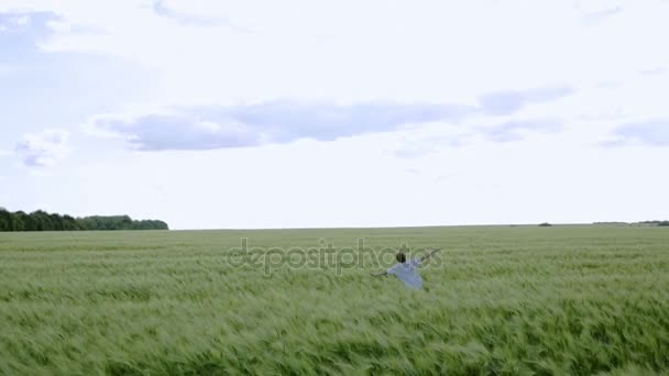 Happy guy running on a green wheat field — Stock Video