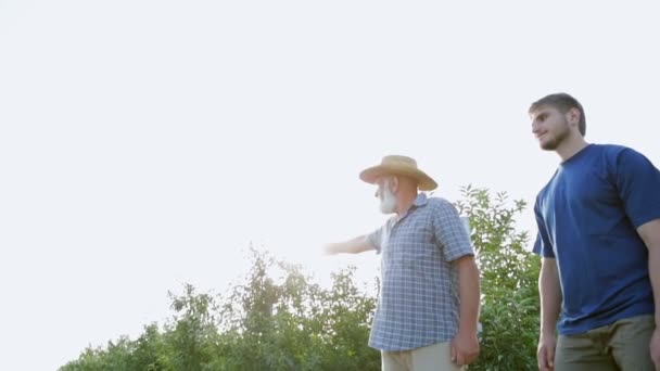 The farmer shows his plantation to the worker — Stock Video