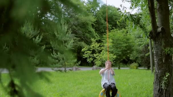 Mutlu çocuk bir salıncak kullanılan bir otomobil lastiği üzerinde sallanan — Stok video
