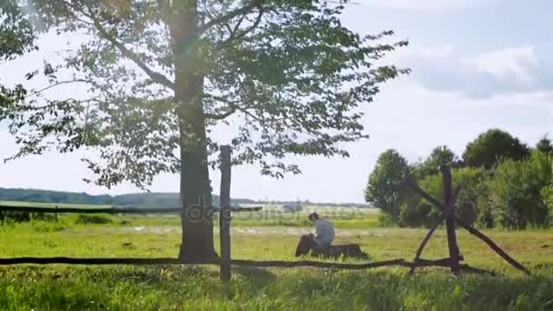 Een jonge kunstenaar schildert een landschap van het platteland — Stockvideo