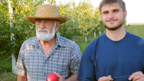 Abuelo y nieta caminan en el jardín de otoño — Vídeo de stock