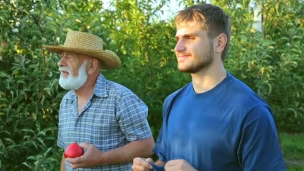 Father and son go to the orchard — Stock Video