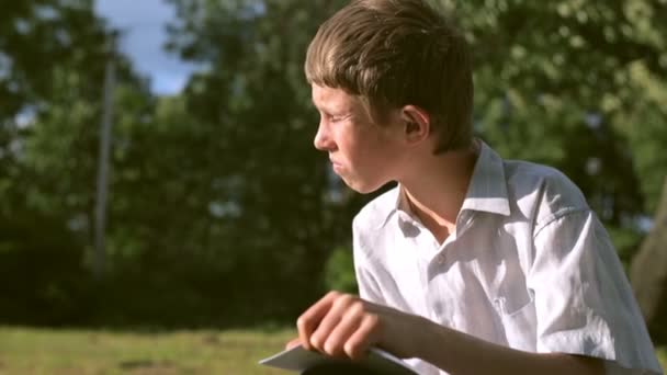 Liten pojke målar solnedgång på papper i parken — Stockvideo