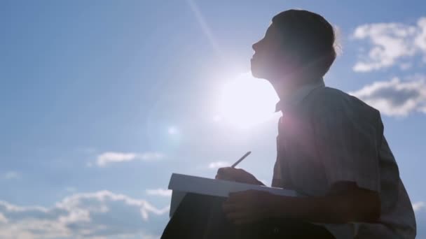 City boy pinta un campo en un día de verano brillante sobre el fondo del sol y el cielo azul — Vídeos de Stock