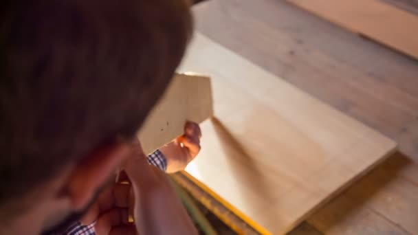 Un menuisier professionnel choisit la planche parfaite dans la menuiserie. Atelier de menuisiers et concept fait main — Video