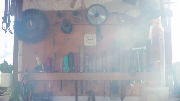 El carpintero utiliza una herramienta de mano diferente — Vídeos de Stock