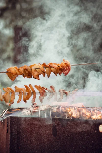 Barbeque sticks with meat, on the grill and heavy smoke above brazier.