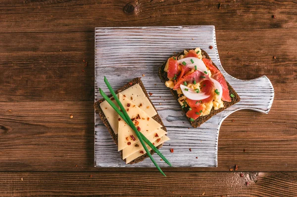 Smorrebrod - danish open sandwich with fish, herring, cheese — Stock Photo, Image