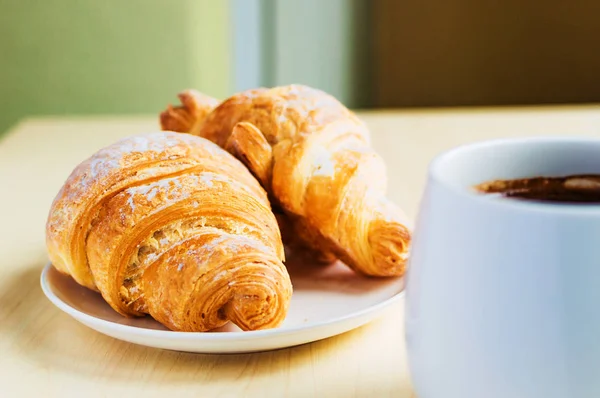 Working time, coffee break with some croissants — Stock Photo, Image