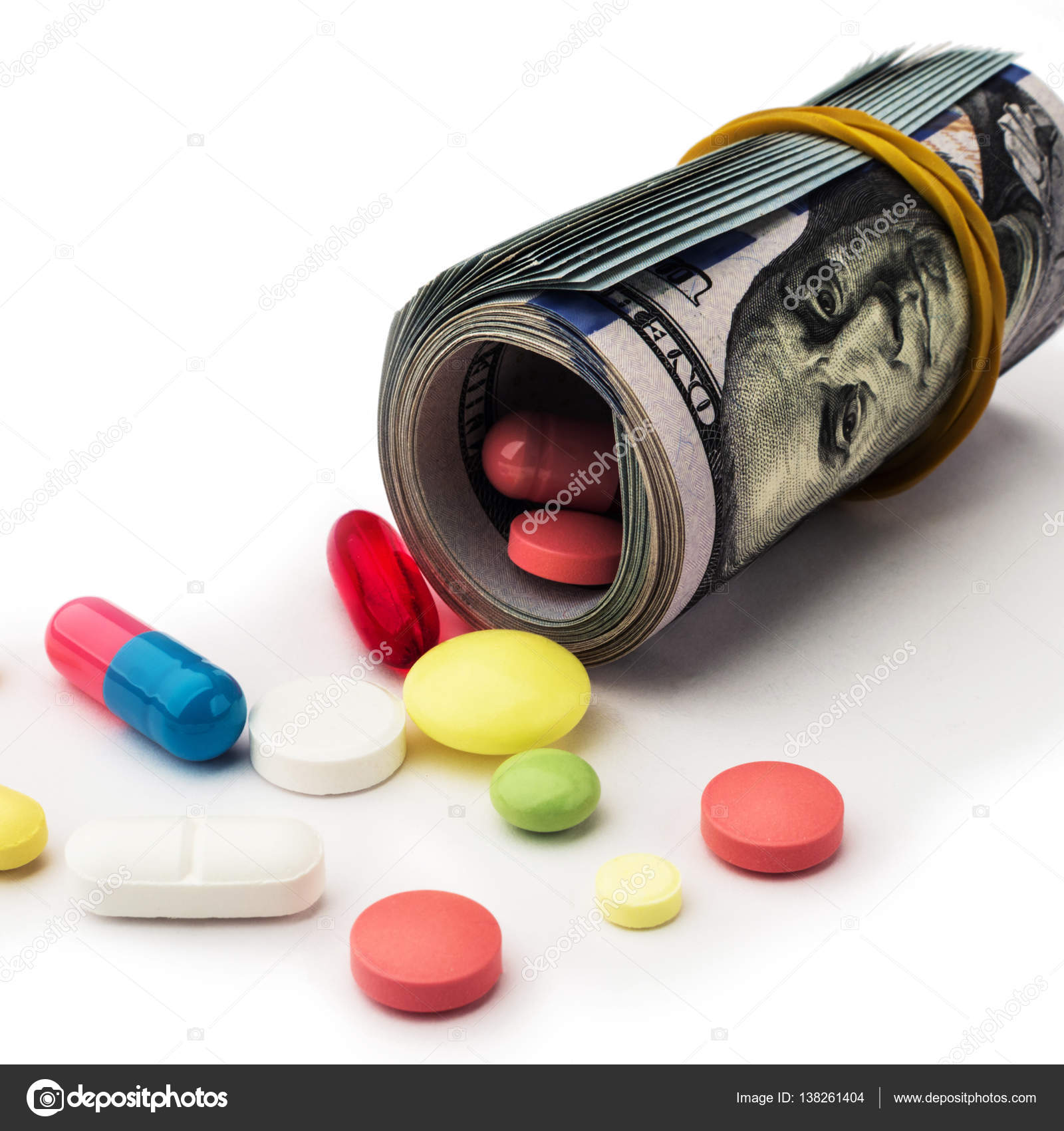 Colored pills with money. Health costs a lot — Stock Photo © MasAnyanka
