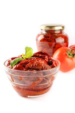 İtalyan meze - güneşte kurutulmuş domates kase ve Cam Kavanoz