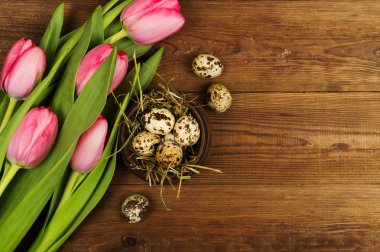 Tavuk ve Bıldırcın yumurta Lale ile. Paskalya arka plan