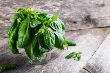 Yeşil taze organik bazilika ahşap masa üzerinde. Rustik tarzı