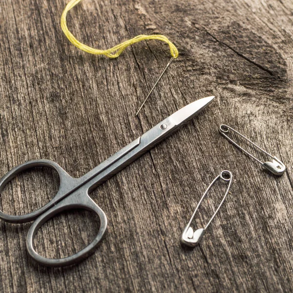 Accessories for hobbies: scissors, needle and pin. Sewing tools. square — Stock Photo, Image