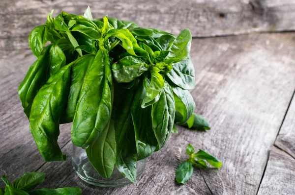 Yeşil taze organik bazilika ahşap masa üzerinde. Rustik tarzı