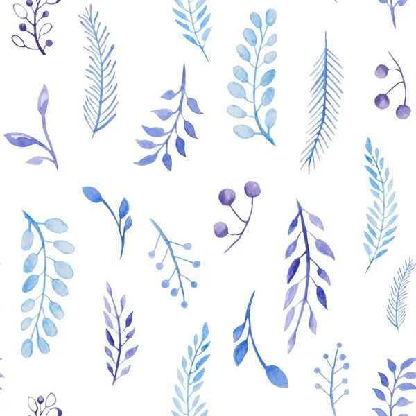 Mavi yaprakları desen. Dal ve yaprak suluboya seamless modeli. Tasarım, yazdırma veya arka plan için — Stok fotoğraf