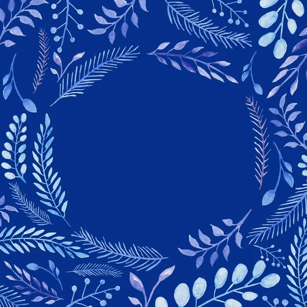 Round frame with blue leaves. Watercolor illustration with branch and leaf. For design, print or background