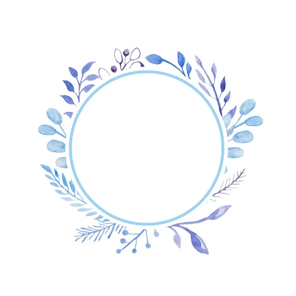 Runder Rahmen mit blauen Blättern. Aquarell mit Zweig und Blatt. für Design, Druck oder Hintergrund — Stockfoto