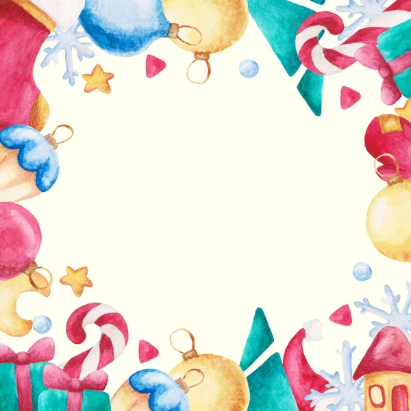 Aquarell Weihnachten quadratischen Rahmen. Neujahrsschmuck mit Schleife, Süßigkeiten, Socke, Mond, Stern, Fäustling. für Design, Druck oder Hintergrund — Stockfoto