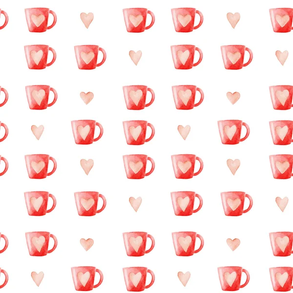 Tazas de café acuarela y patrón de corazones. Ilustración aislada para diseño, impresión o fondo —  Fotos de Stock