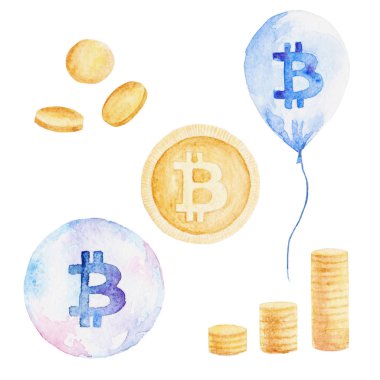 Suluboya para birimi set: bitcoin, dolar, euro, pound. Para kavramı. Gösterim amacıyla tasarım, yazdırma veya arka plan
