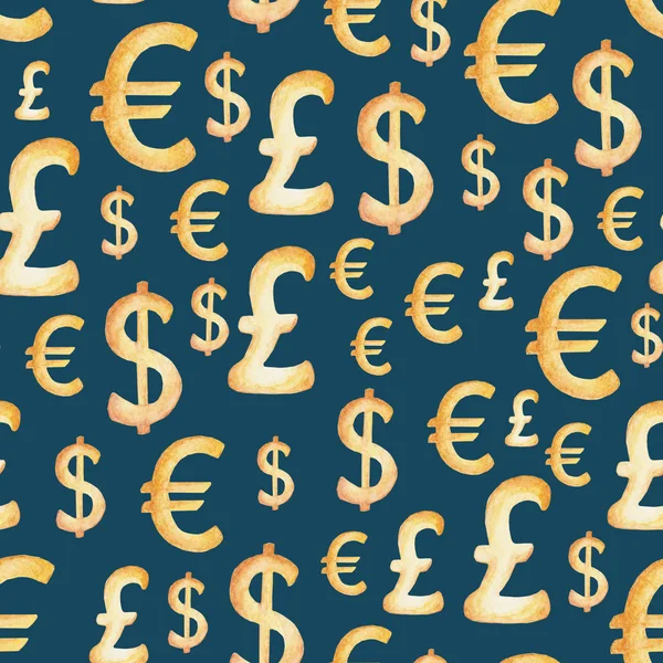Padrão de moeda aquarela: dólar, euro, libra. Conceito de dinheiro. Ilustração para design, impressão ou fundo — Fotografia de Stock