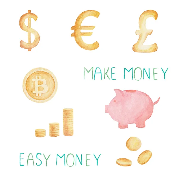 Валютный набор акварели: биткойн, доллар, евро, фунт. Концепция денег. Иллюстрация для дизайна, печати или фона — стоковое фото