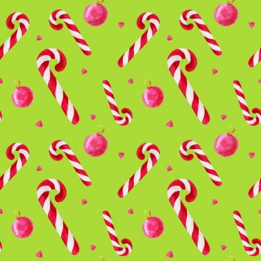 Sulu Boya Noel kare desen. Şeker kamışı ile yılbaşı süsleme. Tasarım, yazdırma veya arka plan için