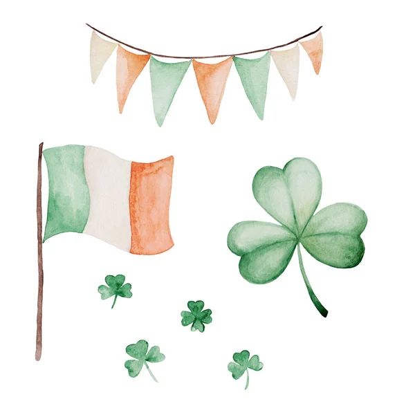 Akvarell-Saint Patrick's Day set. Clover prydnad. För design, utskrift eller bakgrund — Stockfoto