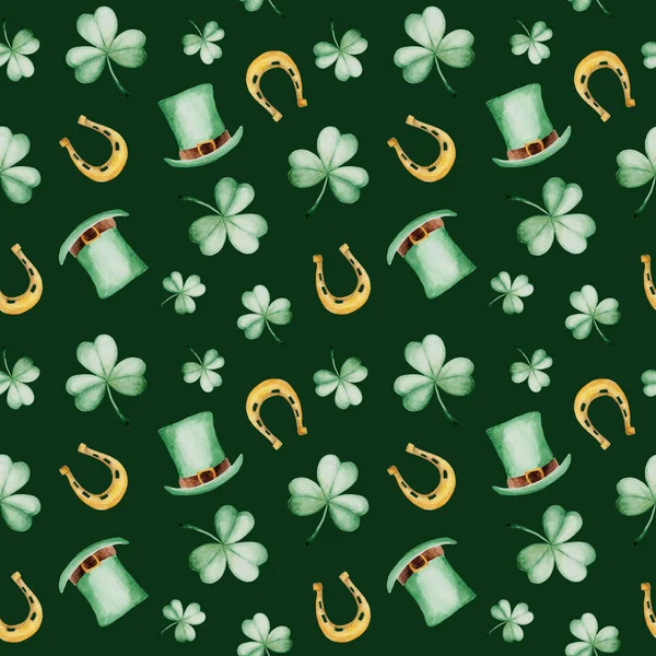 Suluboya Aziz Patrick günü desenle at nalı ve şapka. Yonca süsleme. Tasarım, yazdırma veya arka plan için — Stok fotoğraf