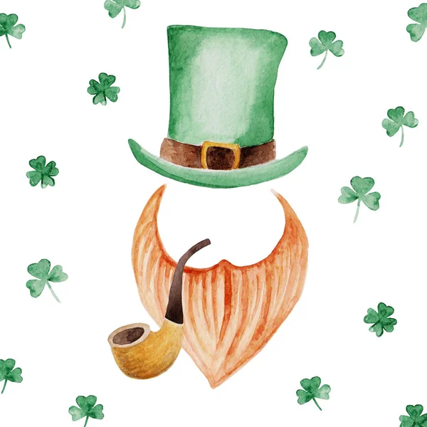 Acuarela Ilustración del día de San Patricio con sombrero verde, barba roja, pipa humeante. Para diseño, impresión o fondo —  Fotos de Stock