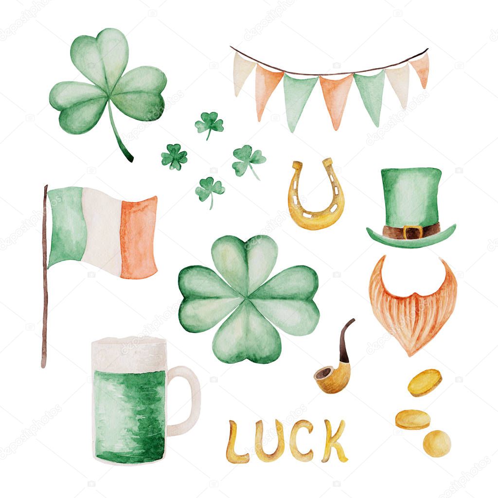 Watercolor Saint Patrick's Day set. Clover ornament. For design, print or background