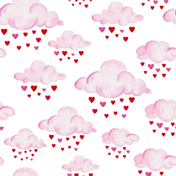 Modèle de douche de bébé aquarelle. Nuages roses sur fond blanc. Pour la conception, l'impression ou le fond — Photo