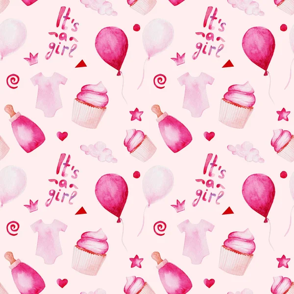 Akvarell baby zuhanyzó mintát. Rózsaszín ballonok, cumisüveg és sütemény. A tervezés, a nyomtatás vagy a háttér — Stock Fotó
