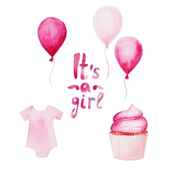 水彩婴儿沐浴套装。它的一个女孩主题与 baloons 和蛋糕。用于设计、打印或背景 — 图库照片
