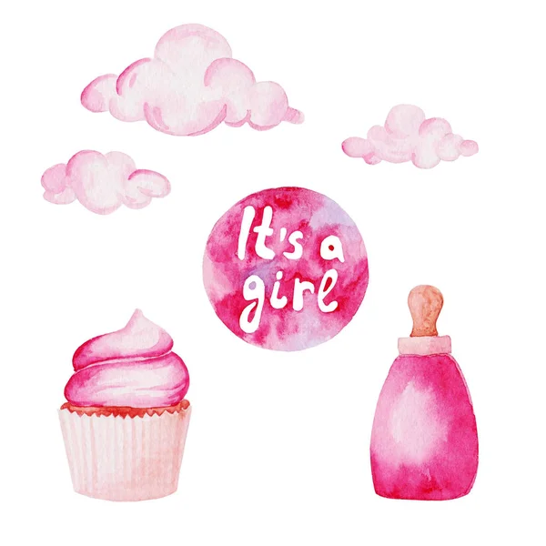 Conjunto de chuveiro de bebê aquarela. É um tema de menina com mamadeira e cupcake. Para design, impressão ou fundo — Fotografia de Stock
