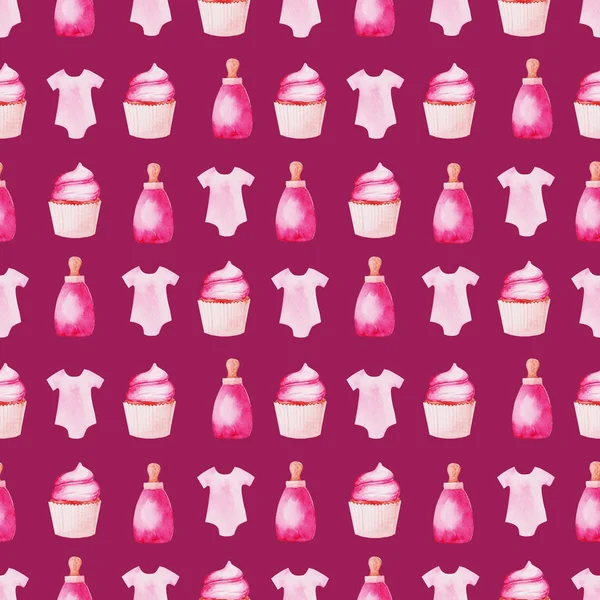 Акварель. Розовые шарики, детская бутылочка и торт. Для дизайна, печати или фона — стоковое фото