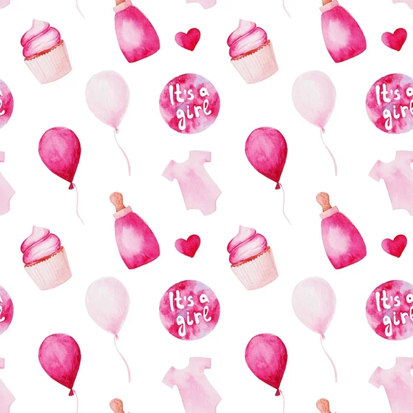 Aquarell Babydusche Muster. rosa Luftballons, Babyflasche und Kuchen. für Design, Druck oder Hintergrund — Stockfoto