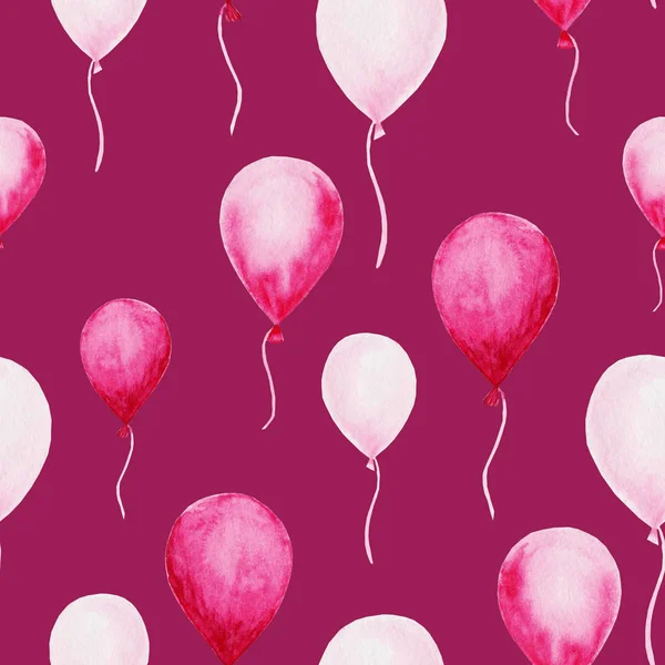 Akvarelu baby sprcha vzor. Růžové balónky na fialovém pozadí. Pro design, tisk nebo pozadí — Stock fotografie