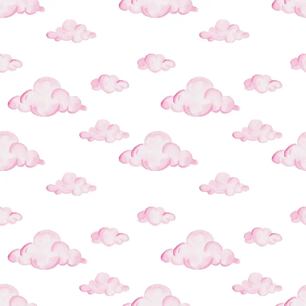 Patrón de ducha de bebé acuarela. Nubes rosadas sobre el fondo blanco. Para diseño, impresión o fondo —  Fotos de Stock