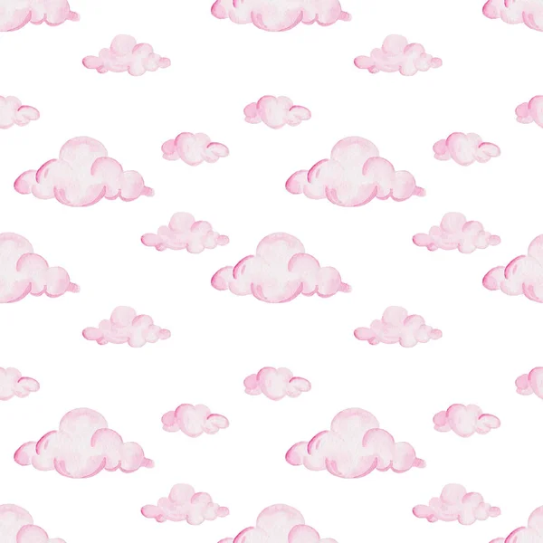 Modèle de douche de bébé aquarelle. Nuages roses sur fond blanc. Pour la conception, l'impression ou le fond — Photo