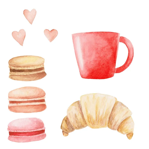 Aquarela Café conjunto com xícara, macaroons, e croissant. Ilustração isolada para design, impressão ou fundo — Fotografia de Stock