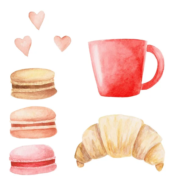 Watercolor Coffee set with cup, macaroons, and croissant. Isolated Illustration for design, print or background