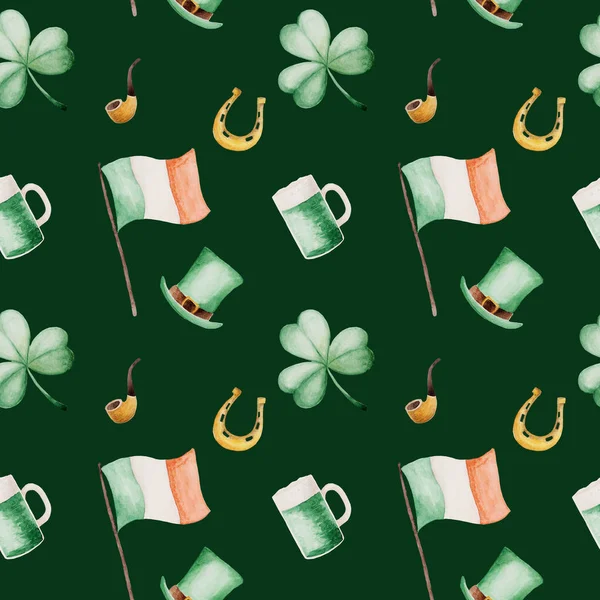 Aquarel Saint Patrick's Day patroon met hoefijzer en hoed. Klaver sieraad. Ontwerp, afdrukken of op achtergrond — Stockfoto