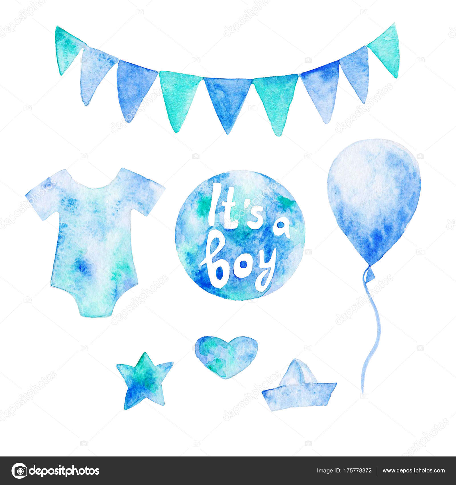 Watercolor Baby Shower Set Its A Boy Theme With Baby Clothes And