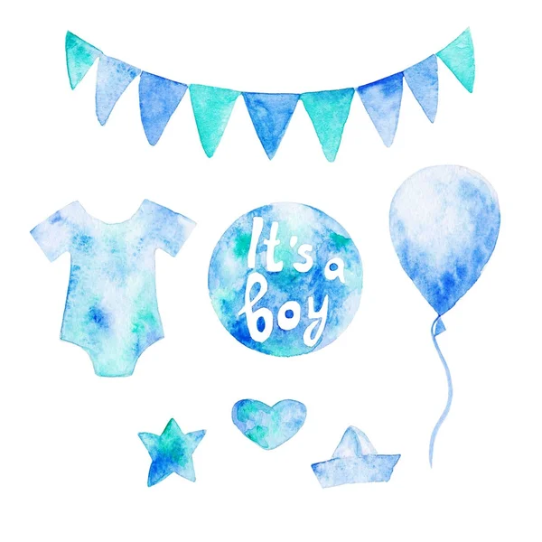 Ακουαρέλα μωρό ντους σετ. Το ένα θέμα αγόρι με μπαλόνια και ρούχα του μωρού. Για το σχεδιασμό, εκτύπωση ή φόντο — Φωτογραφία Αρχείου